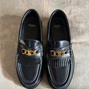 Celine Black Leather Women’s Slip-On Loafers with Gold Accent